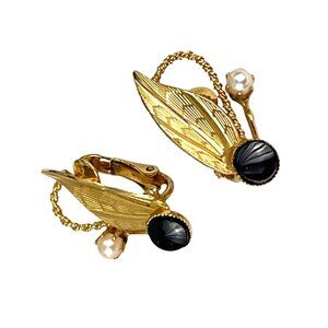 Vintage Gold-Tone Clip-On Earrings With Black Stone & Faux Pearl Accents
